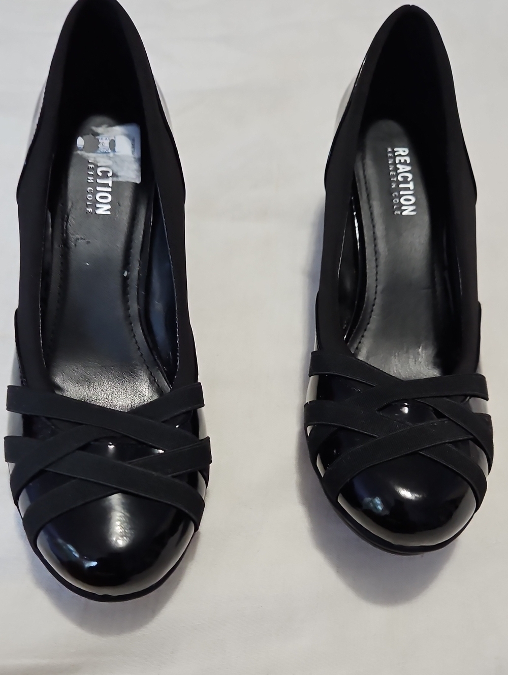 Reaction Kenneth Cole Black Patent and Matte Crisscross Pumps